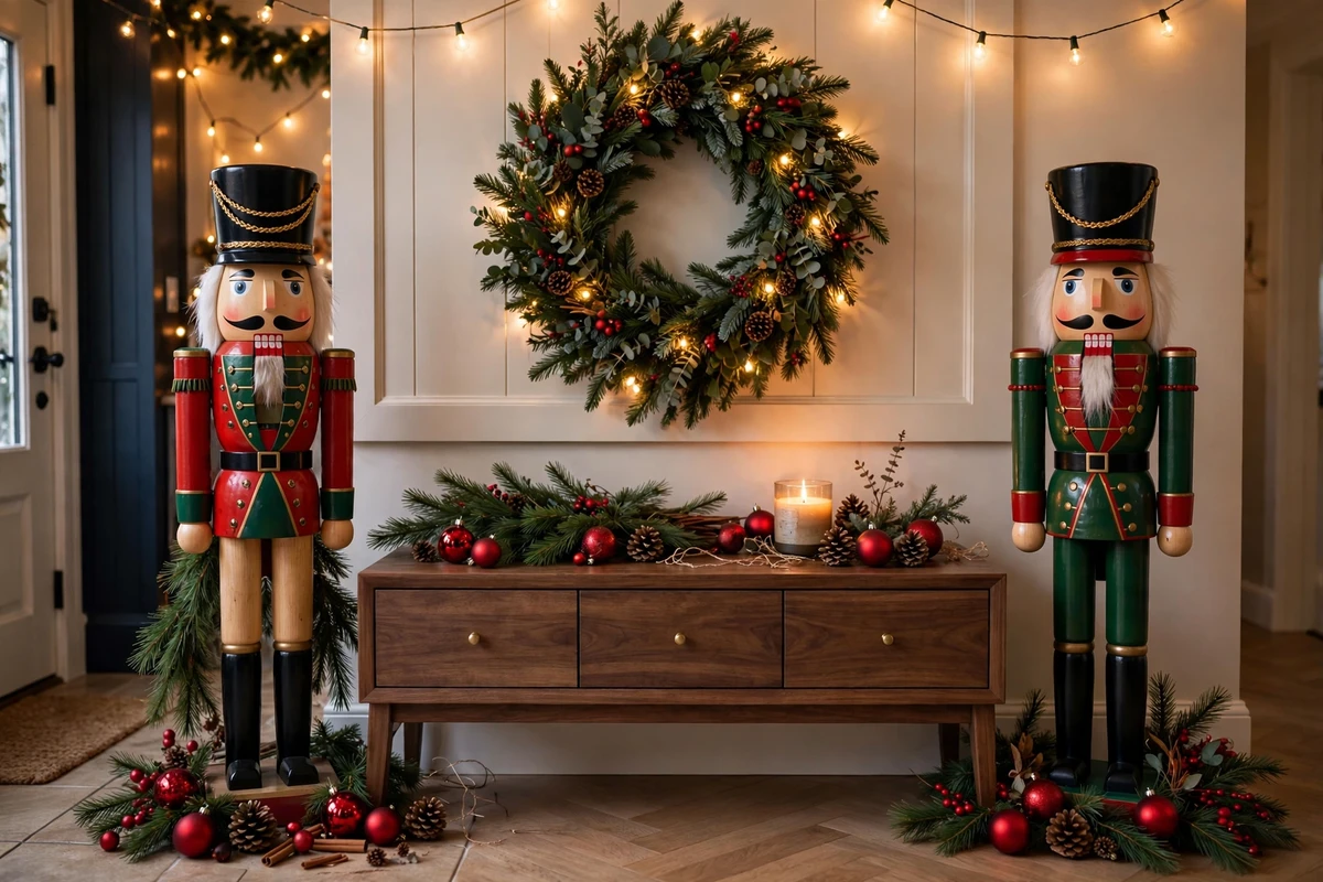 traditional red green christmas decor ideas nutcracker figures entryway