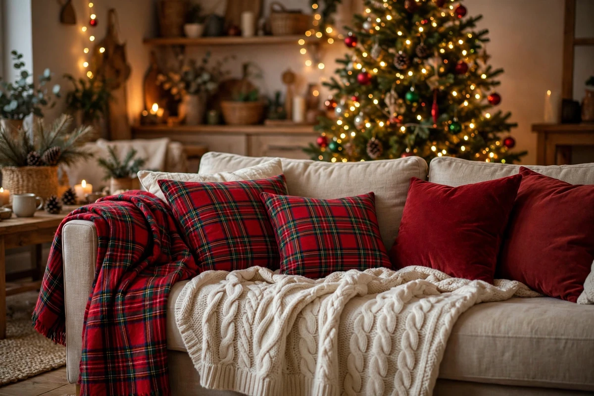 traditional red green christmas decor ideas plaid throws cushions