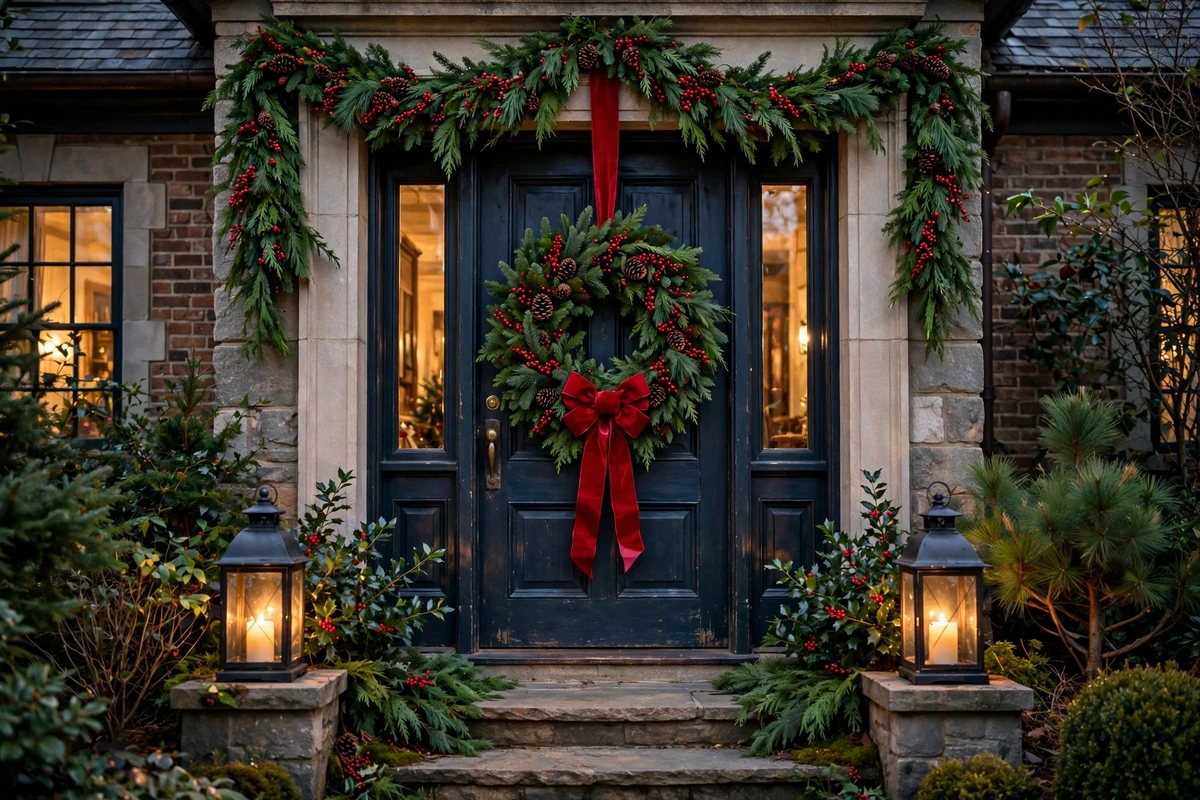 traditional red green christmas decor ideas red green wreath front door