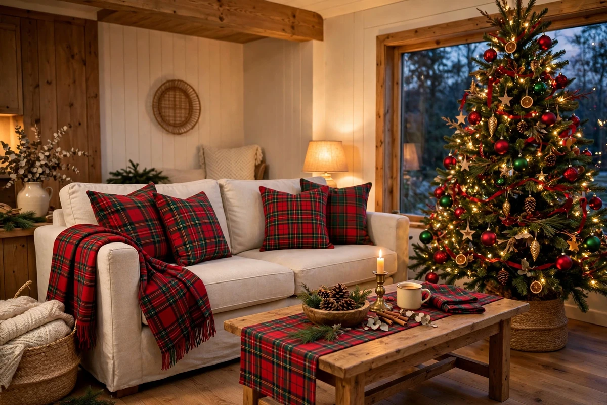 traditional red green christmas decor ideas tartan plaid christmas living room