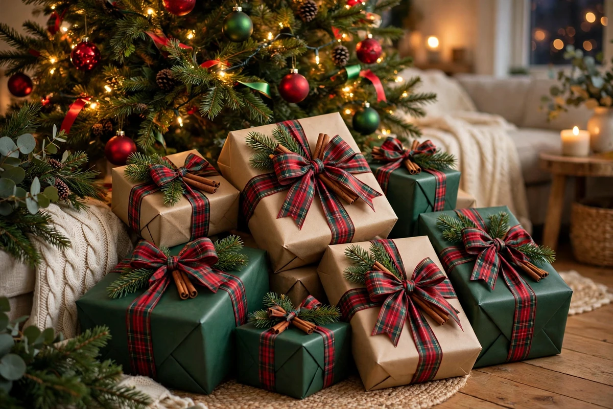 traditional red green christmas decor ideas tartan ribbon gifts