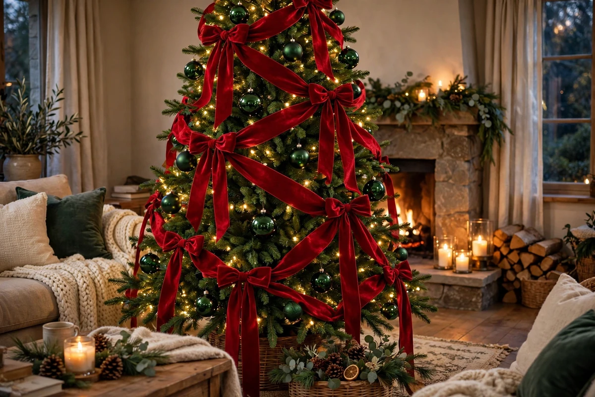 traditional red green christmas decor ideas velvet ribbon bows tree
