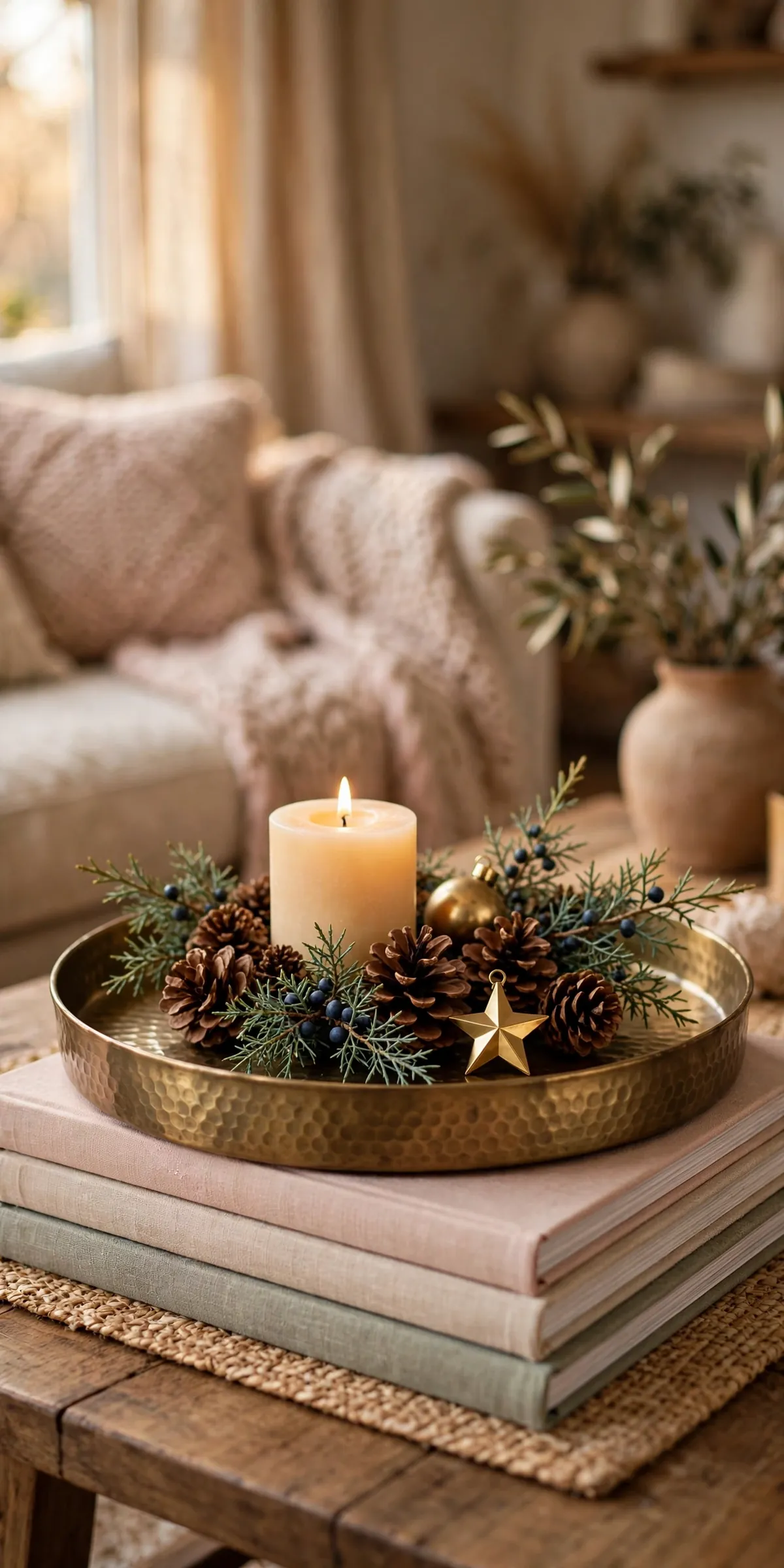 warm brass christmas decor ideas brass tray vignette