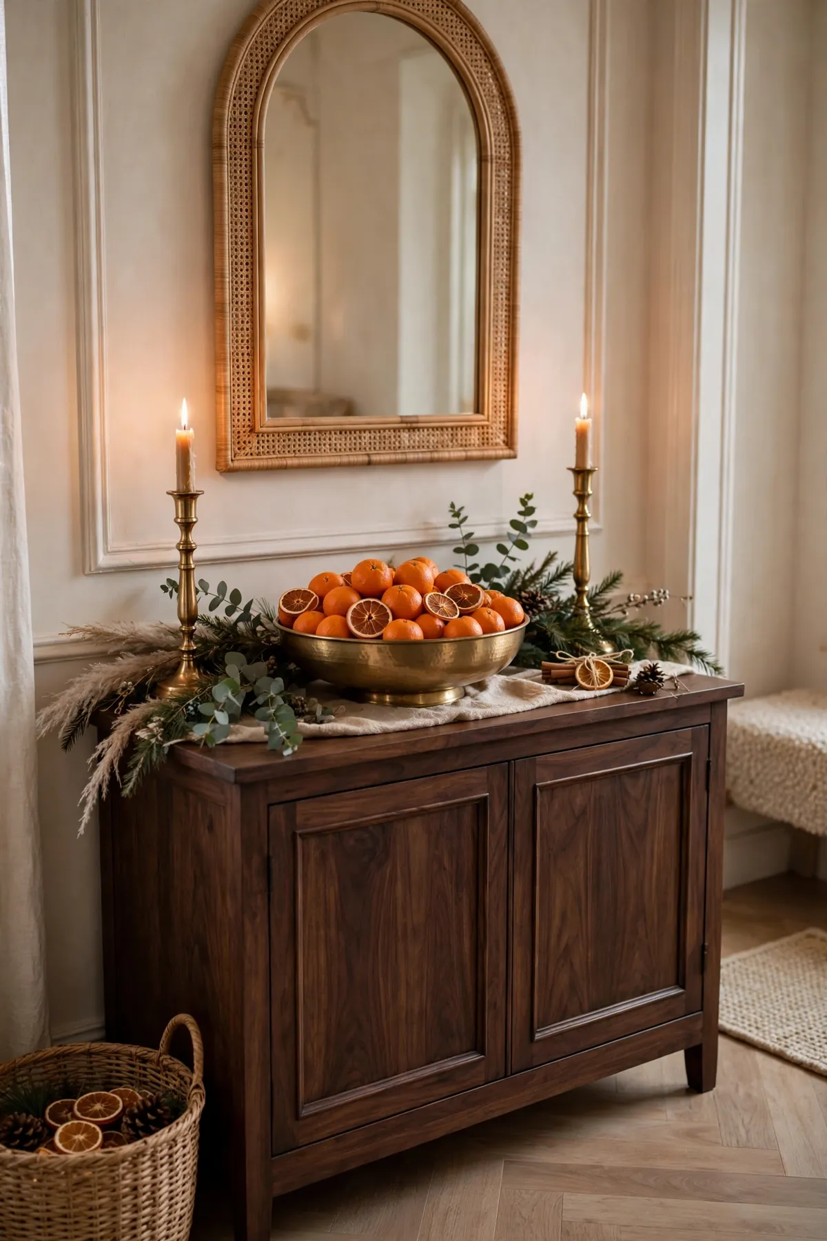 warm brass christmas decor ideas dark wood brass console